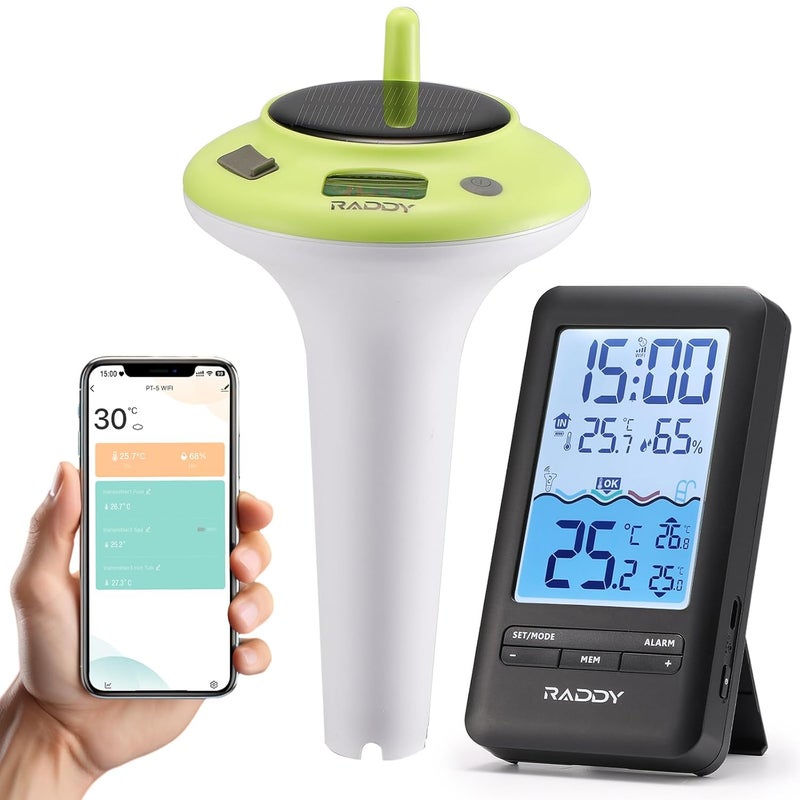Raddy PT-5 Wi-Fi Pool Thermometer, Wireless Smart Floating Sensor with Indoor Console, APP Remote Monitoring, IPX8 Waterproof, Solar & USB-C Rechargeable, for Hot Tub Spa Swimming Pool Tank Aquarium - Image 1
